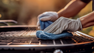 Griller-wird-gereinigt-mit-blauem-mikrofasertuch
