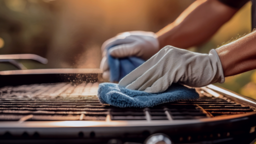 Griller-wird-gereinigt-mit-blauem-mikrofasertuch
